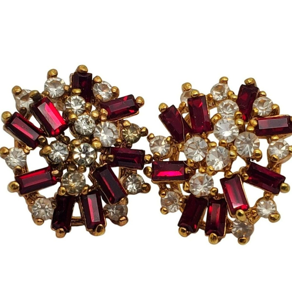 1980s Red Crystal Earrings Baguette Clear Rhinestone Post Cluster Pierced Posts‎